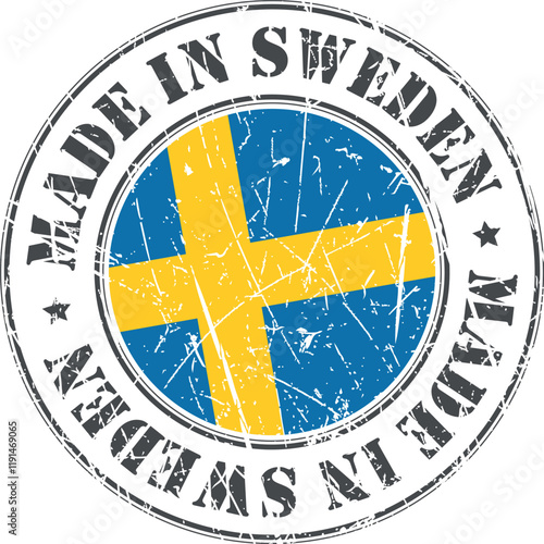 Made in Sweden stamp scratched flag badge logo vector illustration