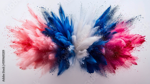 An explosion of colored powder on a white background. The powder has three colors: bright pink, dark blue and white, and it spreads out in a symmetrical 