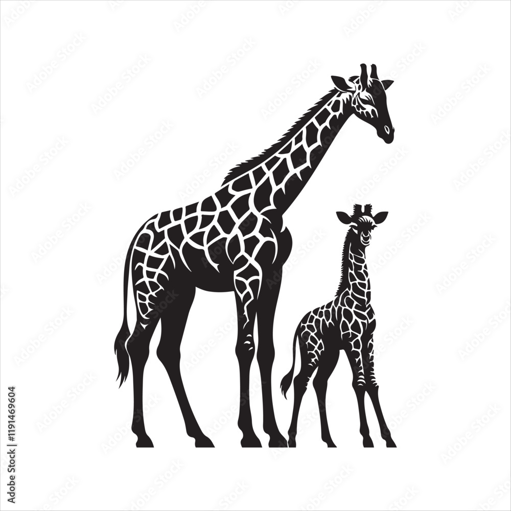 Fototapeta premium Baby giraffe next to its parent silhouette vector illustration clipart black color design and solid white background
