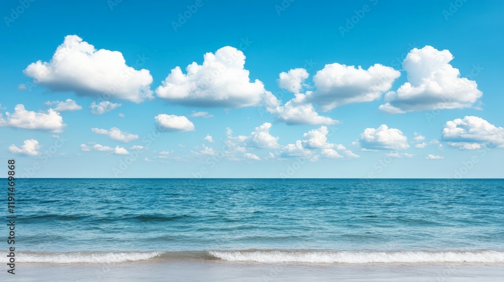 Seascape Serenity: A tranquil coastal scene unfolds, showcasing a calm turquoise ocean meeting a pristine sandy shore under a vibrant blue sky adorned with fluffy cumulus clouds. Seascape Serenity: A tranquil coastal scene unfolds, showcasing a calm turquoise ocean meeting a pristine sandy shore under a vibrant blue sky adorned with fluffy cumulus clouds.