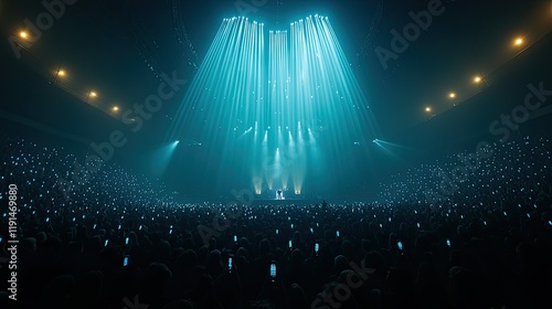 A large crowd at a concert enjoys a vibrant light show