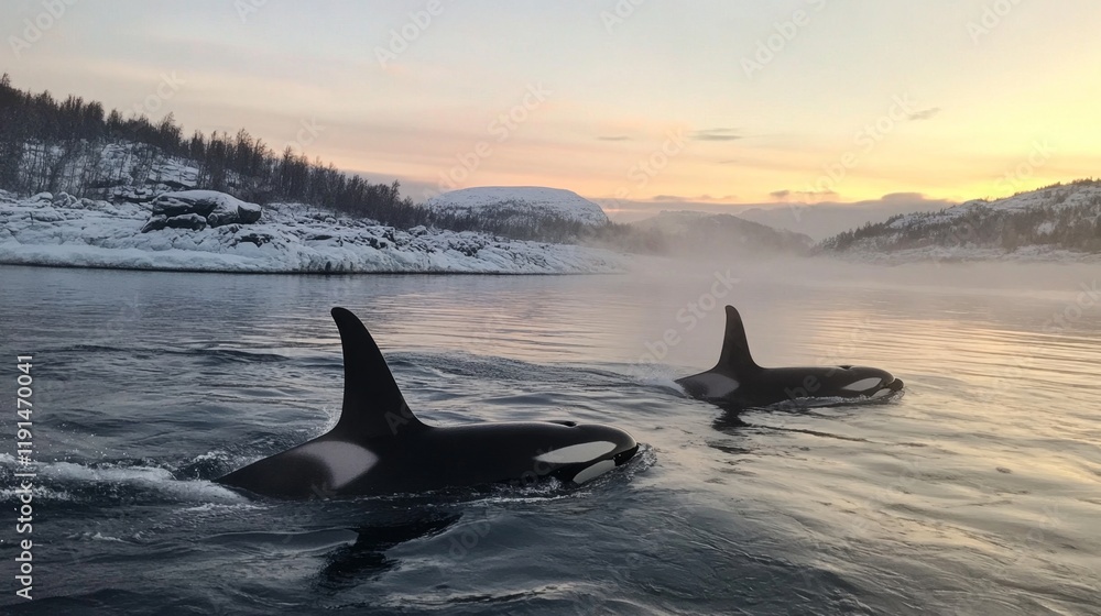 Fototapeta premium Majestic Orcas in a Winter Wonderland
