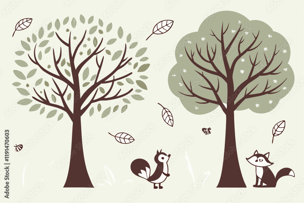 Minimalist tree illustrations, flat design, pastel color palette, geometric shapes, variety of tree species, stylized nature icons, simple vector graphics, cute forest elements, rounded shapes, abstra