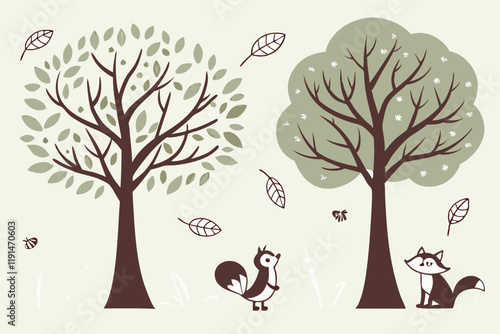 Minimalist tree illustrations, flat design, pastel color palette, geometric shapes, variety of tree species, stylized nature icons, simple vector graphics, cute forest elements, rounded shapes, abstra