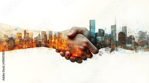 A double exposure of a handshake with city skylines in the background.