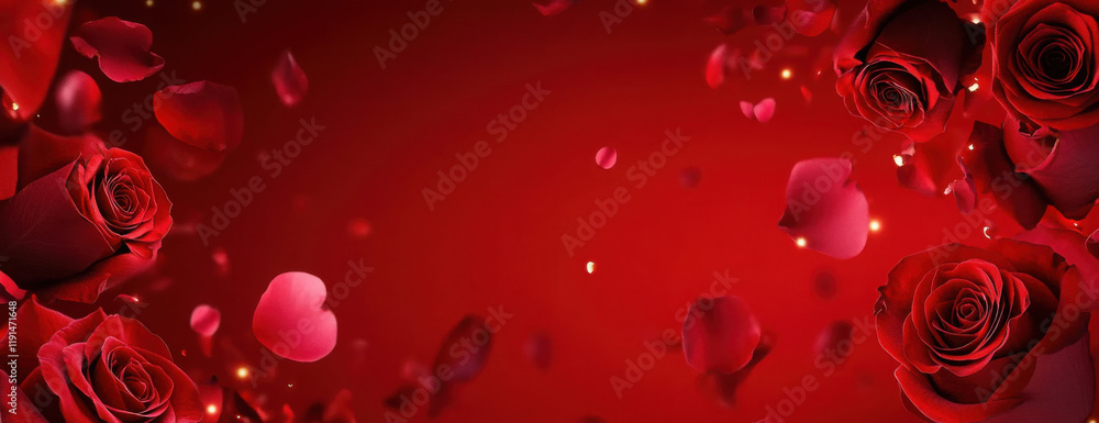 Flying petals and red roses on a red background with copy space. Creative floral levitation in the air nature layout. Spring blossom concept for wedding, women, Mother, 8 March, Valentine's day Flying petals and red roses on a red background with copy space. Creative floral levitation in the air nature layout. Spring blossom concept for wedding, women, Mother, 8 March, Valentine's day
