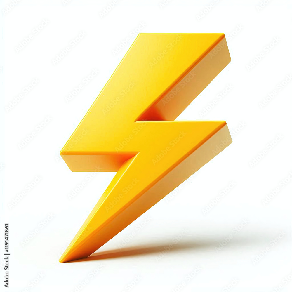 Highly rendering of yellow lightning symbol on white background with shadow.