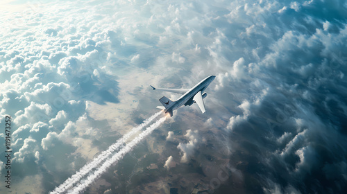 A supersonic airliner cruising at high speed above a cloud-covered landscape, leaving behind a trail of condensation. Starstream. Illustration photo