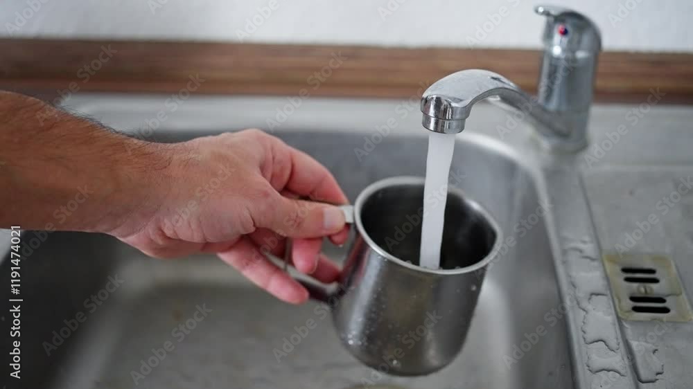 Filling a cup with fresh water directly from a kitchen faucet is a common daily activity. Slow motion Filling a cup with fresh water directly from a kitchen faucet is a common daily activity. Slow motion