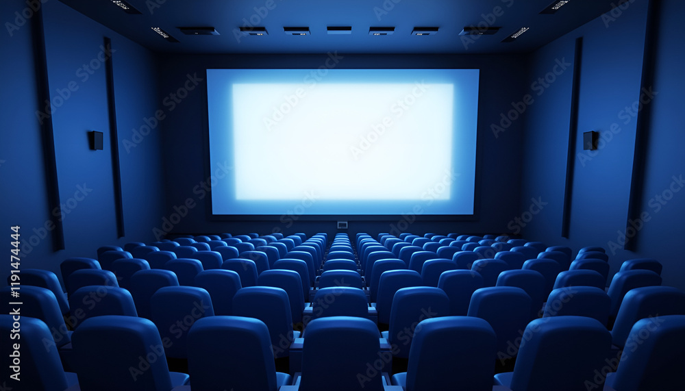 Fototapeta premium Empty cinema hall with blue lighting and blank screen for movie and entertainment concept