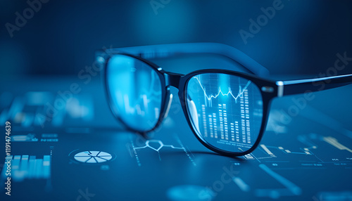 Business glasses reflecting data charts for analytics and finance concept