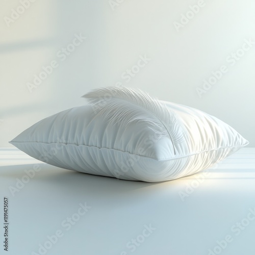 Soft, fluffy pillow resting on clean surface with gentle sunligh photo