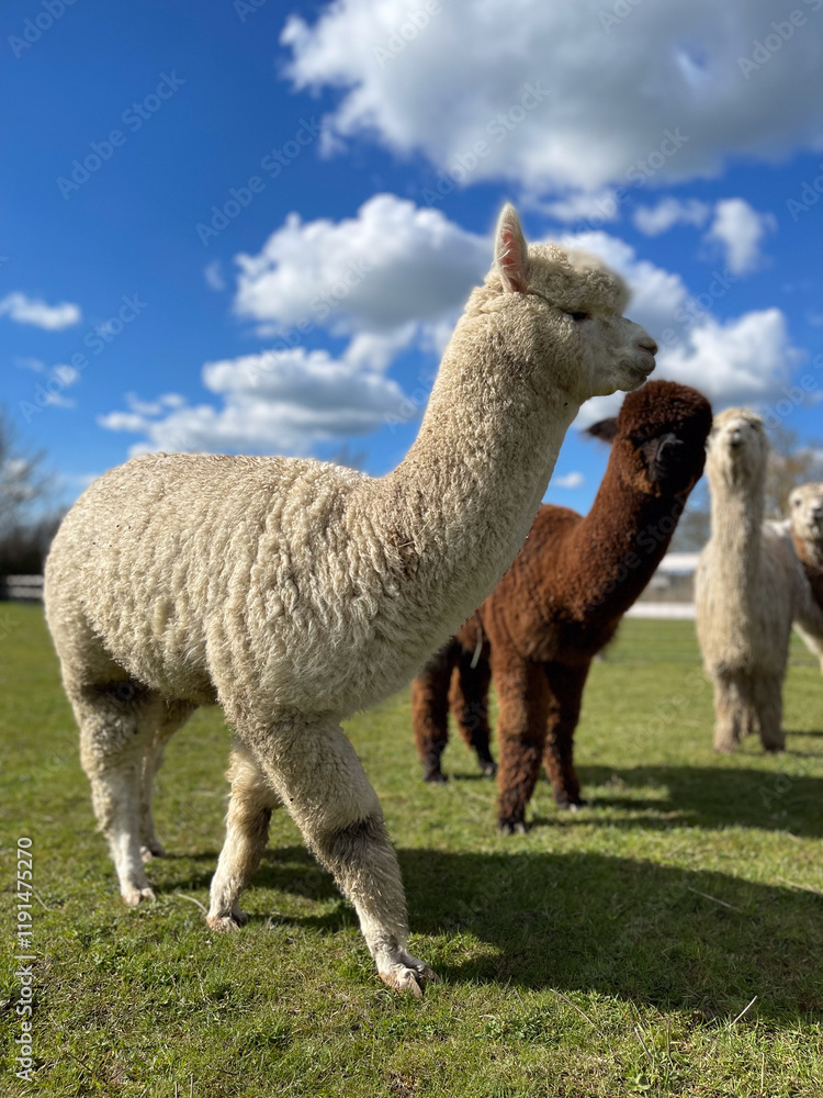 Obraz premium Group of young Alpacas under blue sky