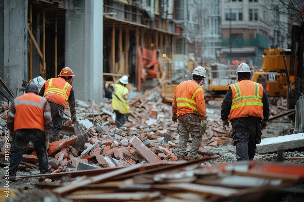 Workers clearing rubble, urban demolition site. Workers clearing rubble, urban demolition site.