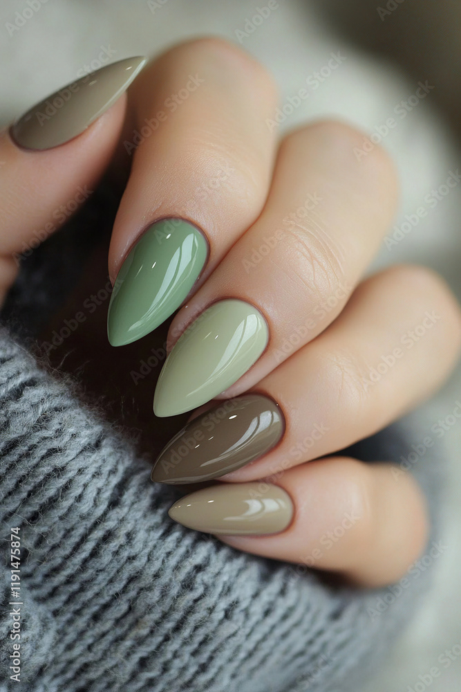 Please create an image of well-groomed feminine nails. Nails should be almond-shaped and medium in length. Each of your nails should be different shades of light green and brown but look cohesive. Please create an image of well-groomed feminine nails. Nails should be almond-shaped and medium in length. Each of your nails should be different shades of light green and brown but look cohesive.