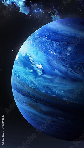 Stunning close up of neptune  a vivid blue gas giant with dramatic swirling atmosphere photo