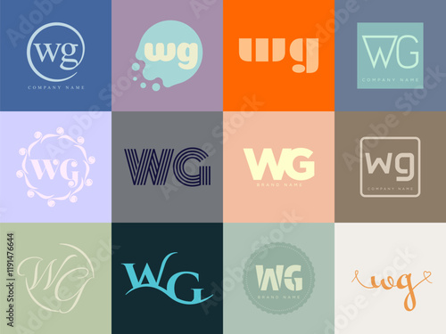 WG logo company template. Letter w and g logotype. Set different classic serif lettering and modern bold text with design elements. Initial font typography.