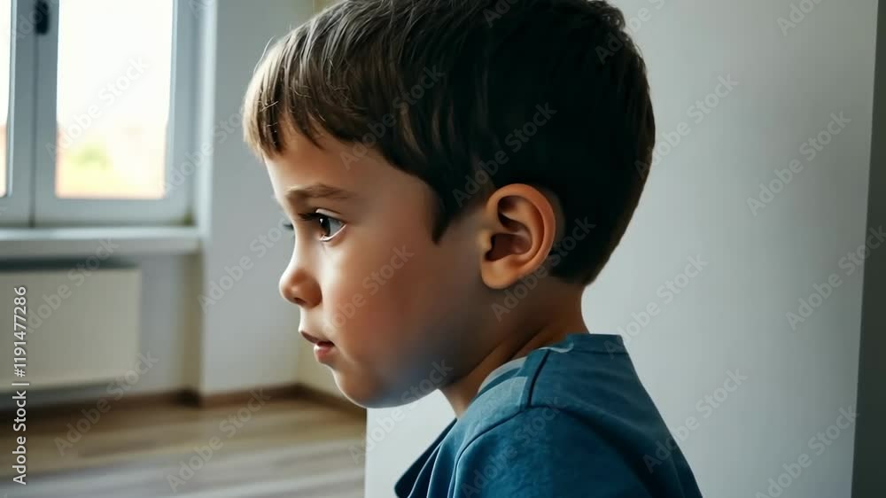 Curious child observing through window, expressive side glance captured indoors Curious child observing through window, expressive side glance captured indoors