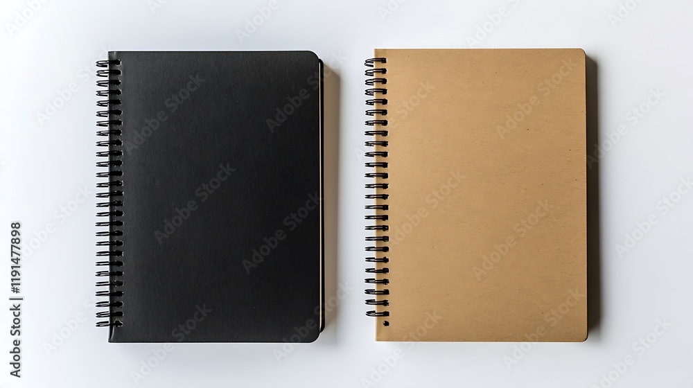 Brown and black notebook lay on a white surface. Brown and black notebook lay on a white surface.
