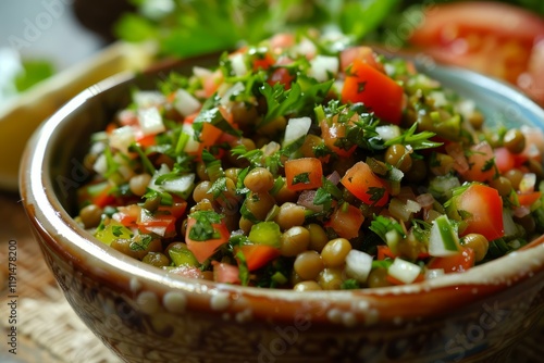 Healthy mung bean salad seasoned with chopped tomatoes, onions, parsley and lemon juice photo