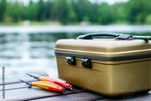 Fishing gear arranged on a wooden dock by a serene lake surrounded by lush greenery, showcasing a tackle box and bright lures at midday photo