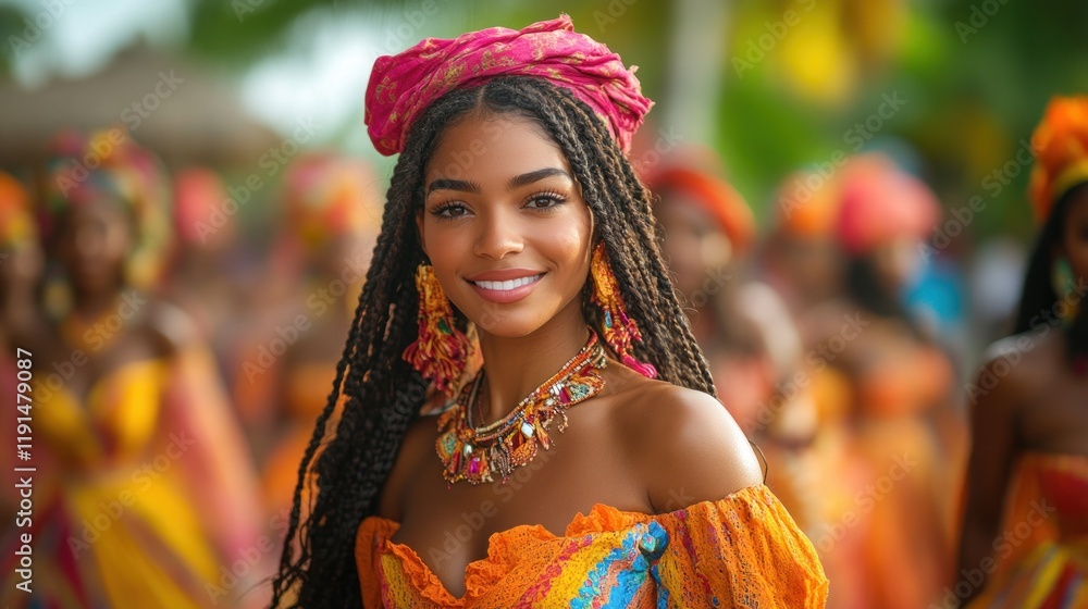 Beautiful woman with braids and vibrant orange dress at a carnival. Beautiful woman with braids and vibrant orange dress at a carnival.