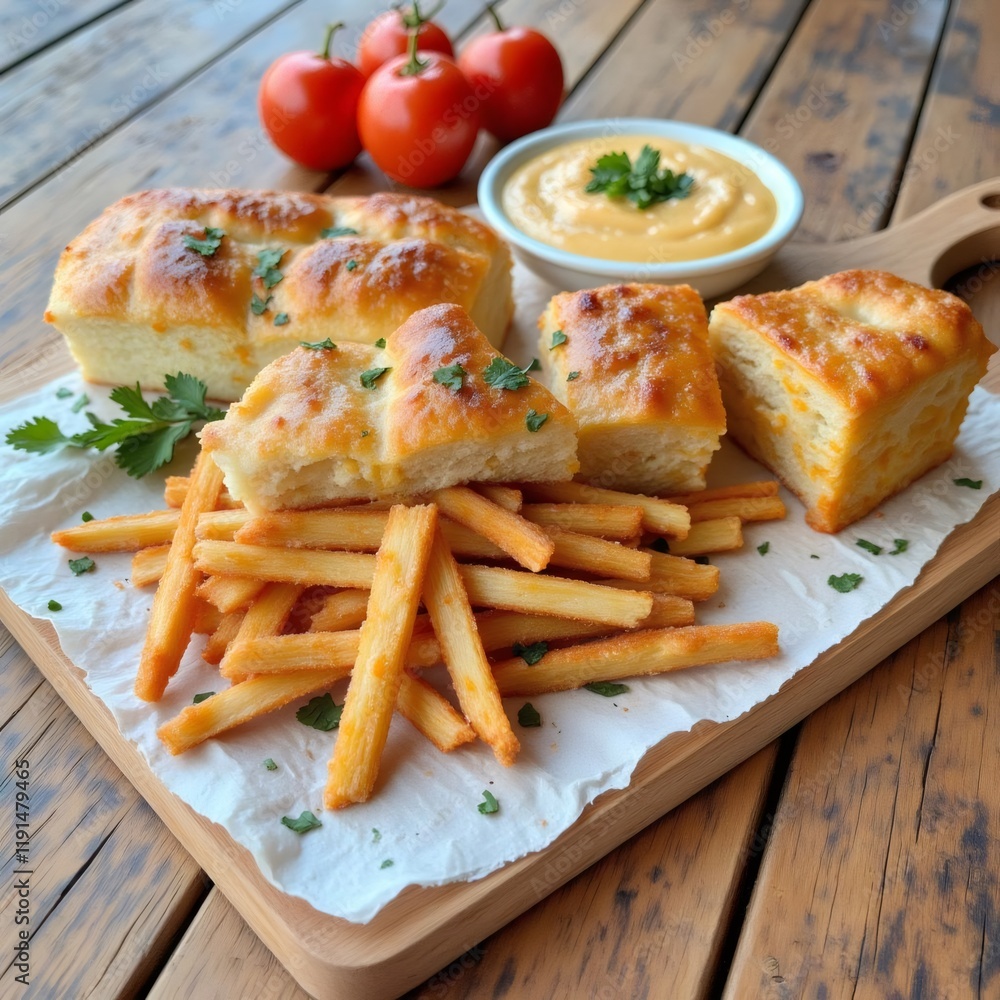 A wooden board with freshly baked bread, crispy chips, cheese sauce and fresh tomatoes. A wooden board with freshly baked bread, crispy chips, cheese sauce and fresh tomatoes.
