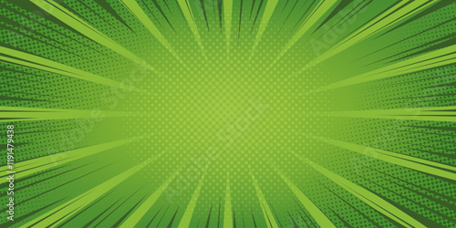 Abstract Green Comic background. Radial rays Halftone effect Dotted texture. Explosion burst pattern. Blank Pop art backdrop. Modern Template for banner cover poster social media Design