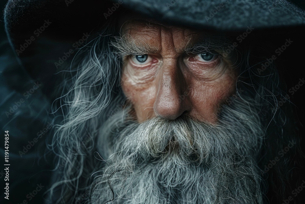 Portrait of a powerful old wizard with a long white beard and blue eyes staring intensely, wearing a dark pointed hat and hood Portrait of a powerful old wizard with a long white beard and blue eyes staring intensely, wearing a dark pointed hat and hood
