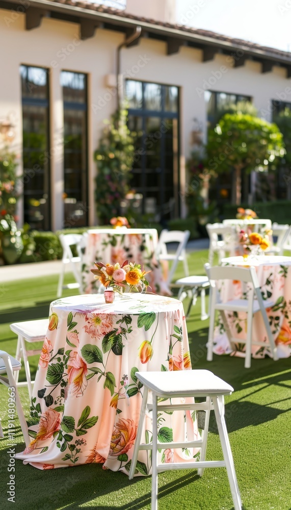 Obraz premium Stunning hyperrealistic cocktail hour with vibrant lawn, elegant tables, and floral decorations.