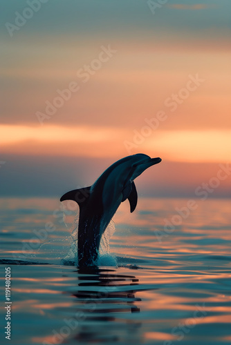 Graceful Dolphin Silhouette Soars High Above the Tranquil Ocean at Dusk, Showcasing Nature's Beauty and Freedom photo