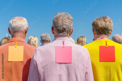 Colorful Nametags on Elderly Attendees at Outdoor Event photo