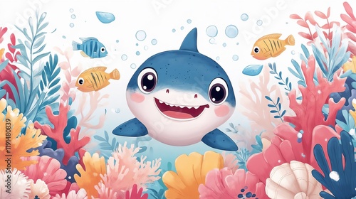 Friendly Baby Shark with Cute Mood Swimming Amidst Vibrant Coral and Small Fish
