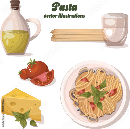 Set of food illustrations, Italian pasta, ingredients. Vector illustrations.