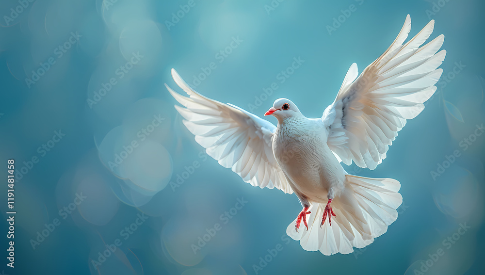 A beautiful white pigeon in flight with outstretched wings on a blue background A beautiful white pigeon in flight with outstretched wings on a blue background