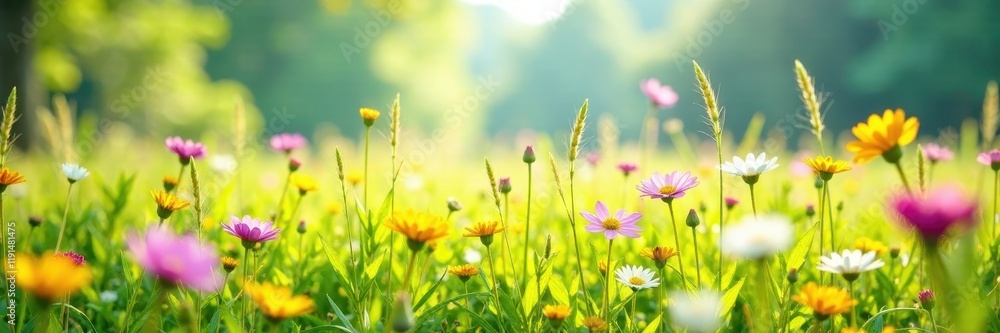 Vibrant colors of a sunny meadow with wildflowers and tall grasses swaying gently, meadow, flower Vibrant colors of a sunny meadow with wildflowers and tall grasses swaying gently, meadow, flower