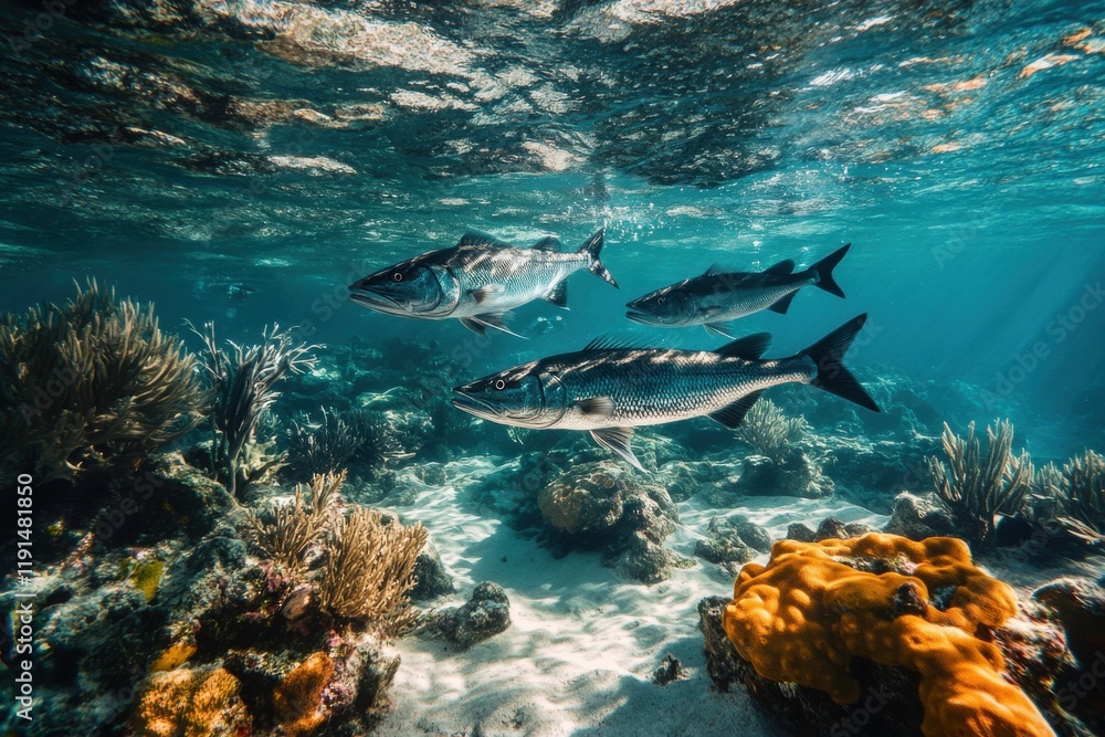 Fototapeta premium Vibrant underwater shot of cobia swimming in coral reef