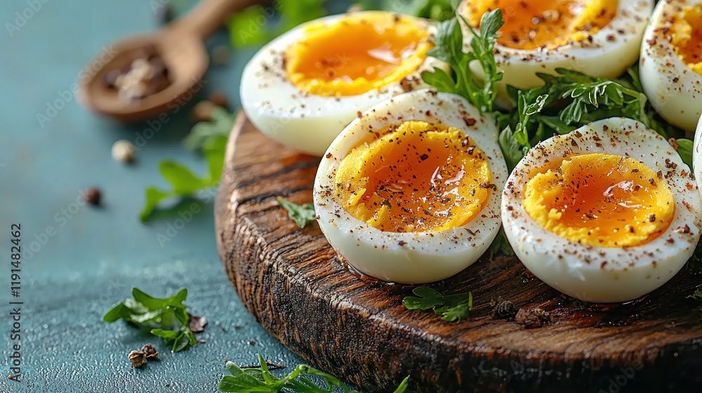 Delicious Boiled Eggs with Spices on Wooden Board Delicious Boiled Eggs with Spices on Wooden Board