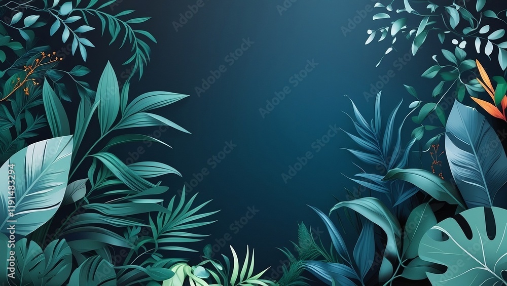 A highly detailed A0 size poster mockup featuring a rich dark cyan background that gradates to a deep blue towards the top, with an overlay of lush greenery consisting of various tropical plants A highly detailed A0 size poster mockup featuring a rich dark cyan background that gradates to a deep blue towards the top, with an overlay of lush greenery consisting of various tropical plants