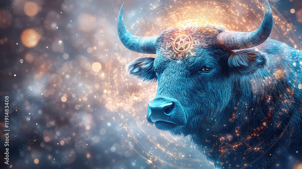 Taurus zodiac sign against horoscope wheel. Astrology calendar. Esoteric horoscope and fortune telling concept