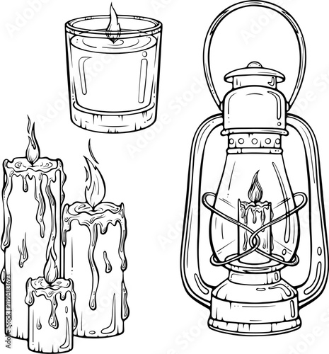 Candles set. Melted candles, candle in a glass, vintage lantern. Camping lamp. Cozy accessory. Vector illustration in hand drawn sketch doodle style. Line art isolated on white for coloring book