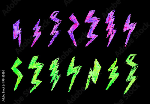 Set of lightning by wax pencil drawing. Collection of handdrawing chalk , light flash signs, Doodle thunder bolts, acid green and pink color design elements. Vector graffiti or school weather symbols.