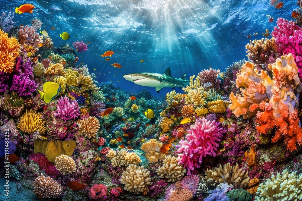Fototapeta premium Vibrant underwater scene with reef shark and colorful coral