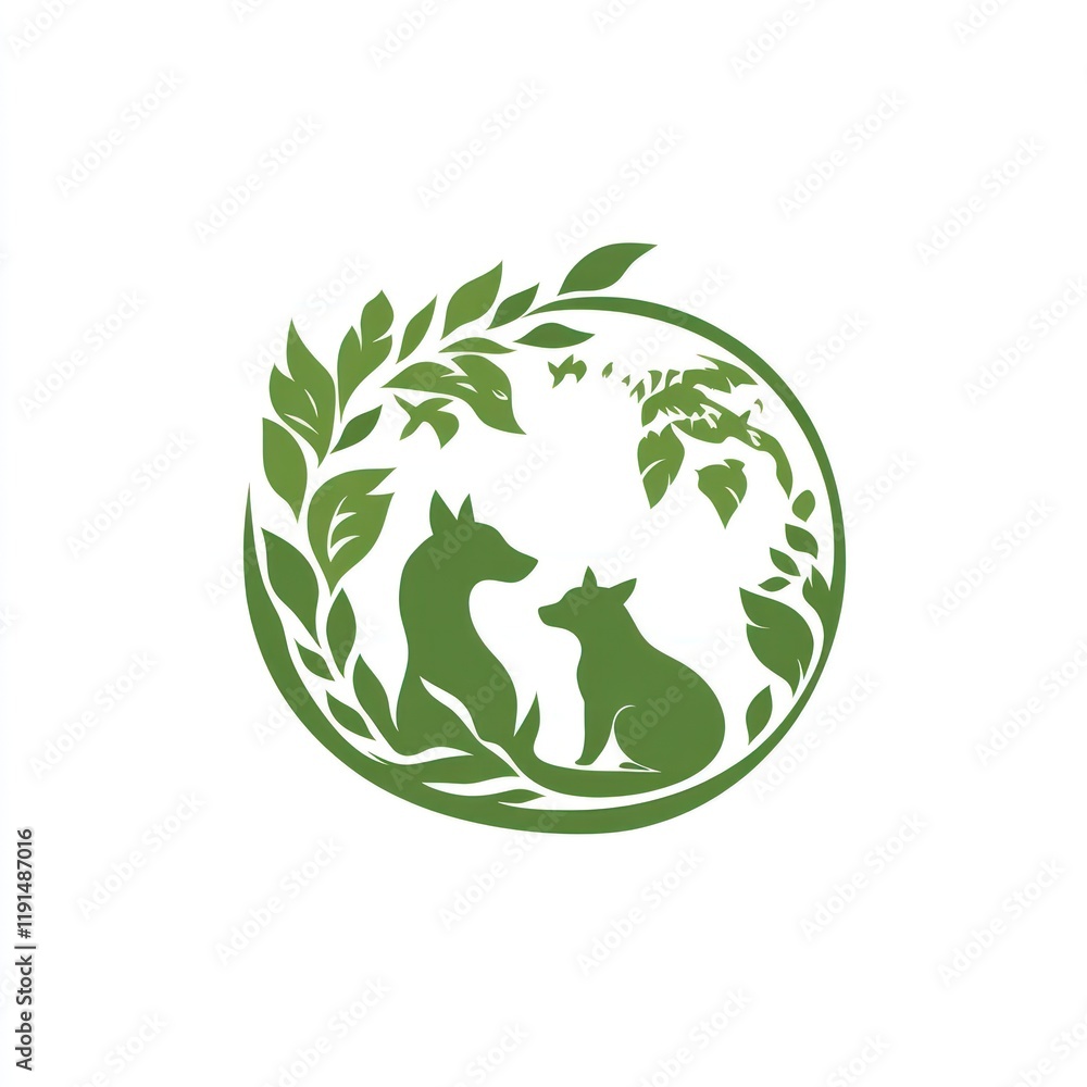 Green dog and cat silhouettes in a leaf circle, ecology concept, for veterinary use Green dog and cat silhouettes in a leaf circle, ecology concept, for veterinary use