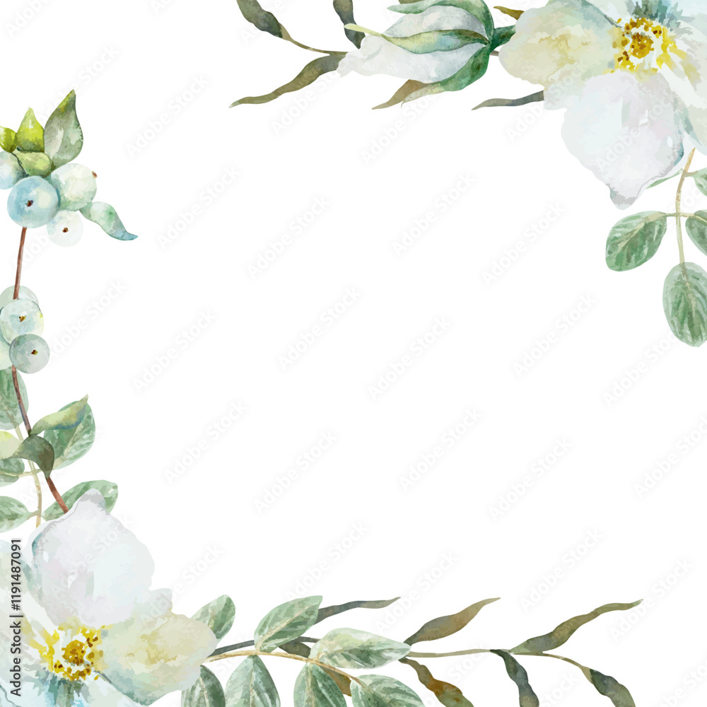 Fototapeta premium Floral corner frame with green leaves, watercolor. Hand drawn vector illustration isolated on white. For cards, wedding invitations, labels, covers.