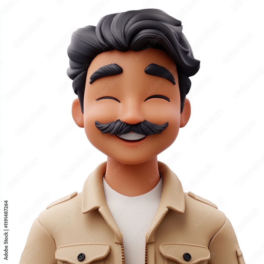 3D memoji representation of an Indian man with a mustache in a casual jacket winking against a white background 3D memoji representation of an Indian man with a mustache in a casual jacket winking against a white background