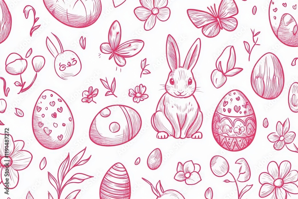 Pink easter bunny sitting with decorated eggs and spring flowers seamless pattern Pink easter bunny sitting with decorated eggs and spring flowers seamless pattern