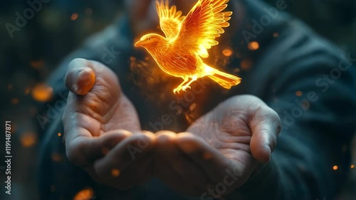 Close up of bearded man hands releasing magical bird glowing with warm light, symbolizing letting go of past and embracing new hopes. Concept of liberation and transformation