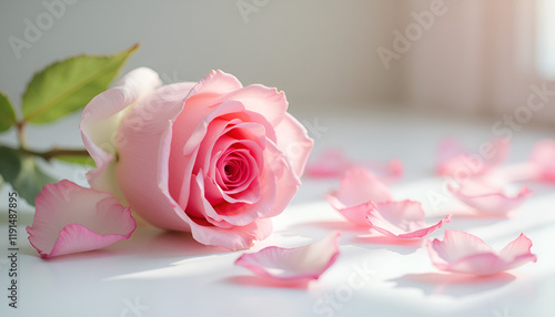 Pink rose with falling petals on a light surface, symbolizing Women's Day