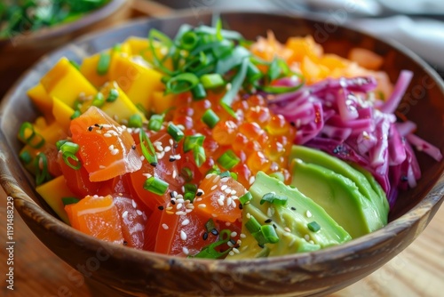 Fresh and vibrant hawaiian poke bowl featuring colorful ingredients and garnished with sesame seeds and chopped green onions photo